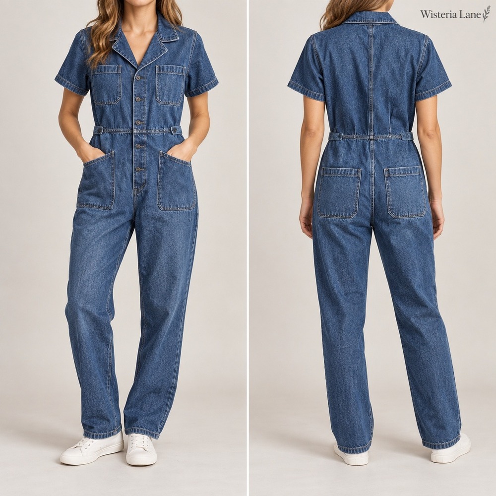Wisteria Lane Denim Jumpsuit Womens 30 MEDIUM Utility Button Front Boiler Suit